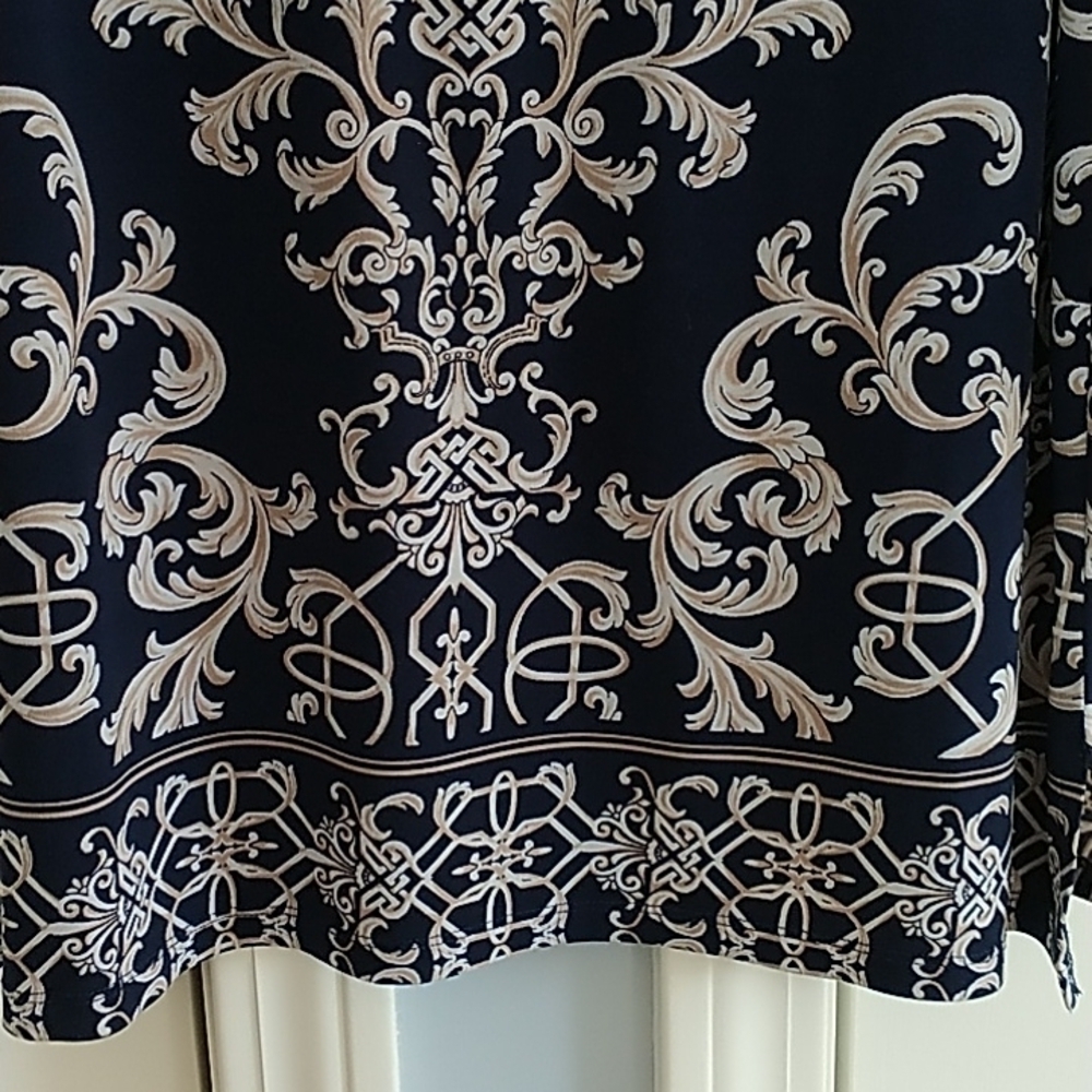 JM Collection Navy Tan Classic Print V Neck Pullover Top XL - Picture 7 of 12
